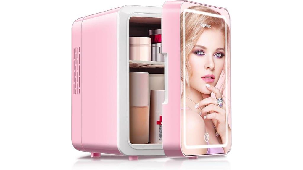 compact skincare fridge with mirror