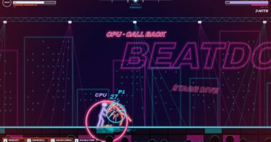 Neon one-on-one fight between a drummer and a punk with round counter and two health bars