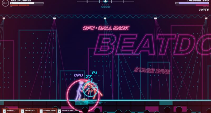 Neon one-on-one fight between a drummer and a punk with round counter and two health bars